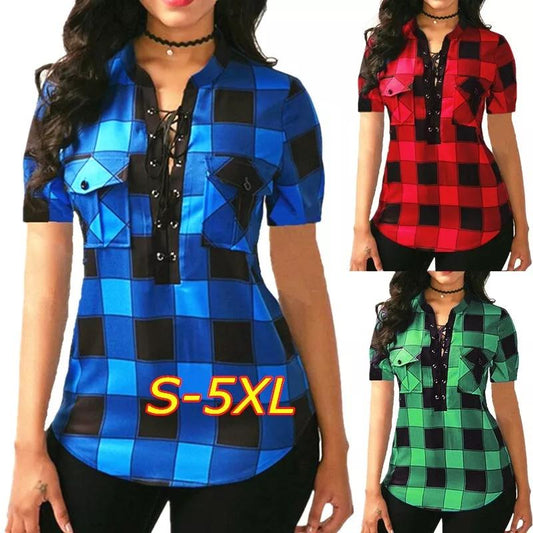 2019 Plus Size Summer Women Fashion Sexy V-neck Lace Up Plaid Blouse Tops Irregular Short Sleeve Shirt S-5XL