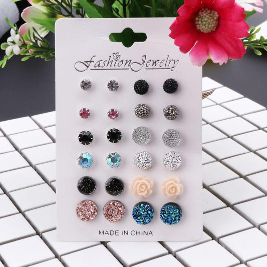 12 Pairs Assorted Crystals Druzy Stone Resin Round Stud Earrings Set