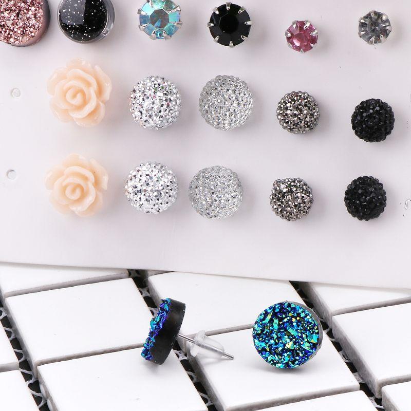 12 Pairs Assorted Crystals Druzy Stone Resin Round Stud Earrings Set