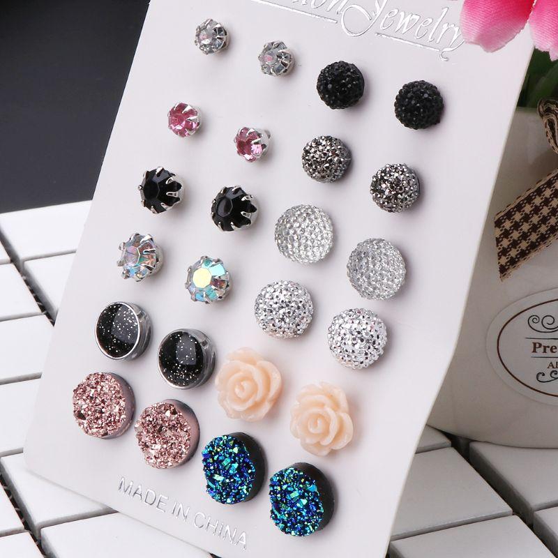 12 Pairs Assorted Crystals Druzy Stone Resin Round Stud Earrings Set