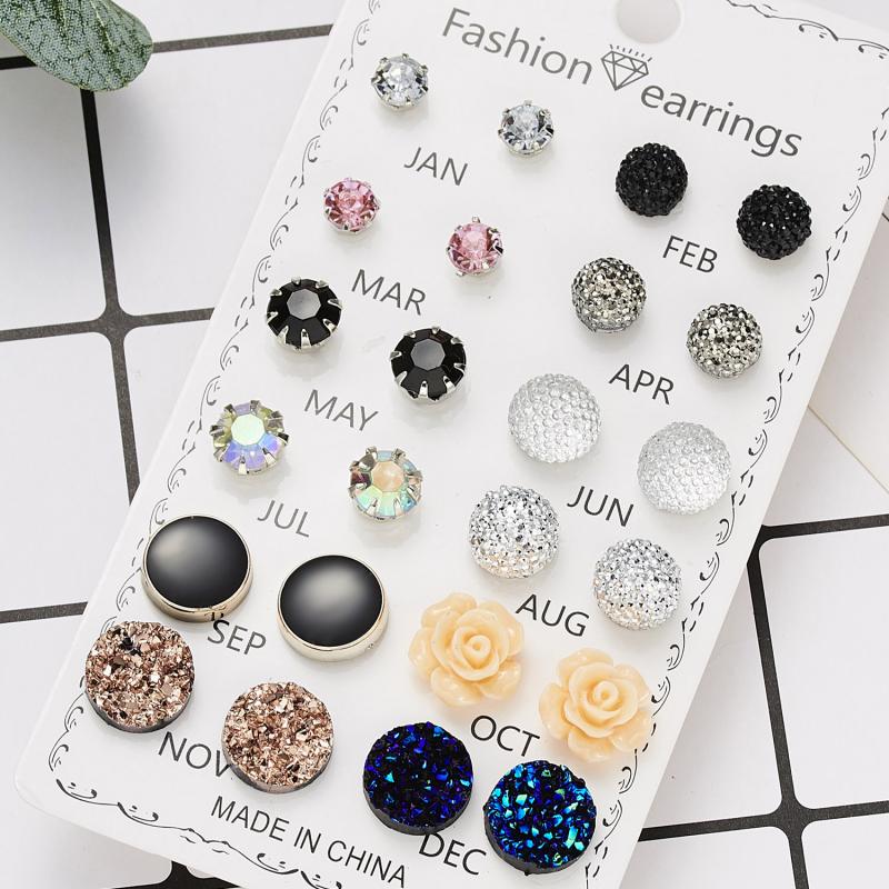 12 Correct Round Rhinestone Crystal Flowers 12 Month Combination Card Loading Earrings Set Female -