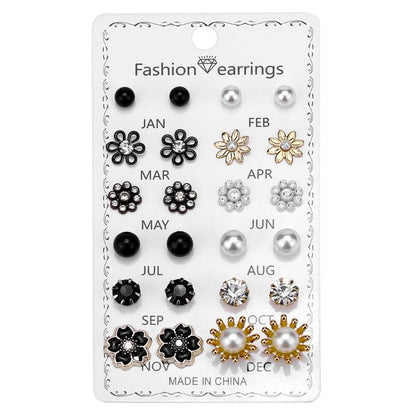 12 Correct Round Rhinestone Crystal Flowers 12 Month Combination Card Loading Earrings Set Female -