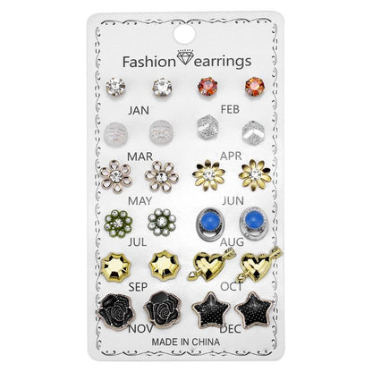 12 Correct Round Rhinestone Crystal Flowers 12 Month Combination Card Loading Earrings Set Female -