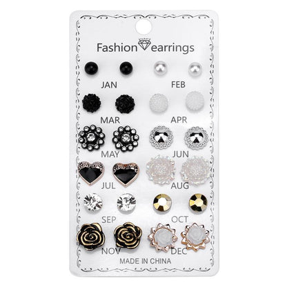 12 Correct Round Rhinestone Crystal Flowers 12 Month Combination Card Loading Earrings Set Female -