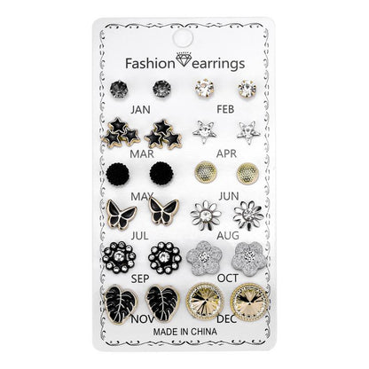 12 Correct Round Rhinestone Crystal Flowers 12 Month Combination Card Loading Earrings Set Female -