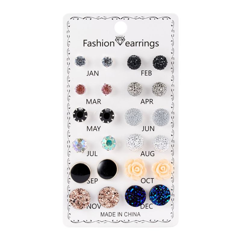 12 Correct Round Rhinestone Crystal Flowers 12 Month Combination Card Loading Earrings Set Female -