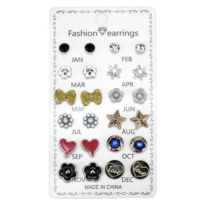 12 Correct Round Rhinestone Crystal Flowers 12 Month Combination Card Loading Earrings Set Female -