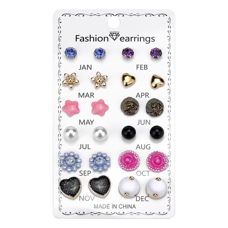 12 Correct Round Rhinestone Crystal Flowers 12 Month Combination Card Loading Earrings Set Female -