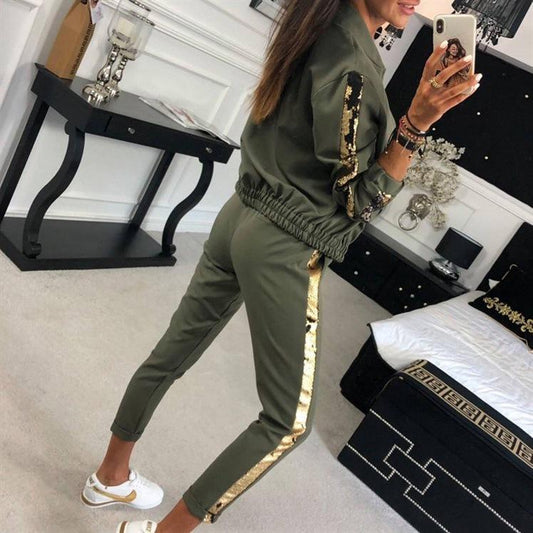 2020 Autumn Fashion Casual Sequin Stitching Jacket Trousers Sports Suit Women' Foreign Trade-