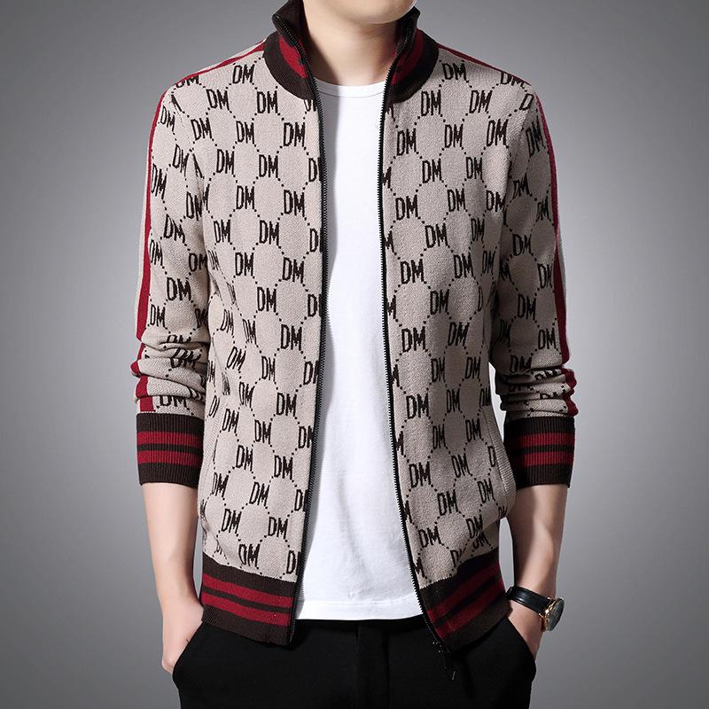 2020 Autumn Winter New Men' Fashion Zipper Knitted Cardigan Jacket Sweater Stand-up Collar Jacquard Sweater