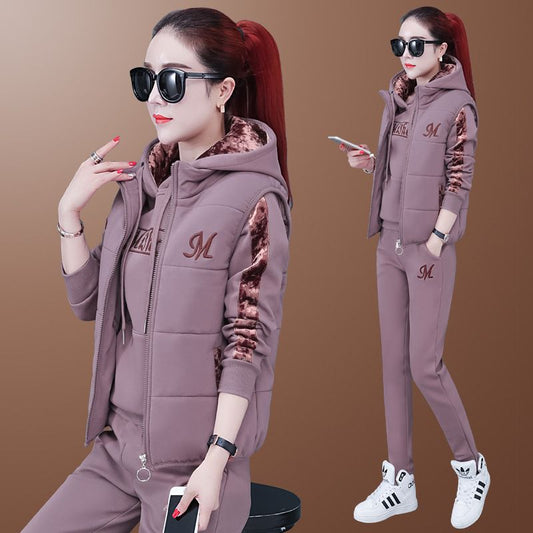 3-PC fashionable winter women' s casual loose printed sleeveless vest coat hooded pullover comfortable sports trousers